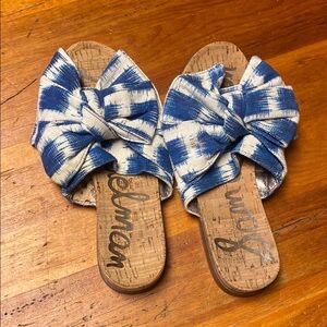 Blue and White Bow Slide Sandals